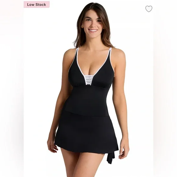 🆕 LEONISA SHAPEWEAR Ladder Front Shaper Swim Dress One Piece Swimsuit Black XL - Picture 1 of 11